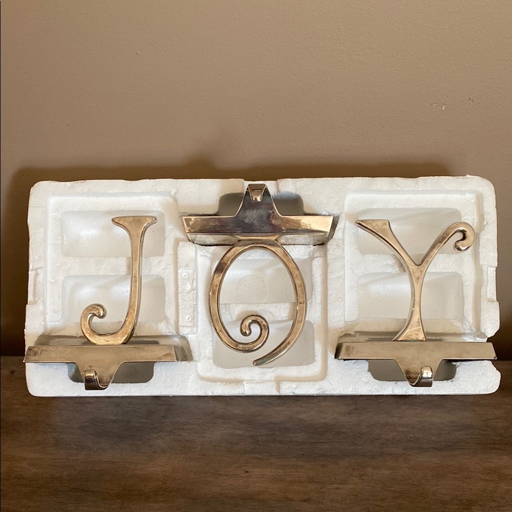 Pottery Barn Silver JOY Stocking Hooks Holders heavy